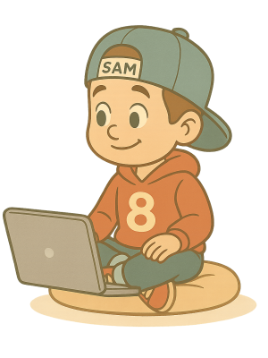 Sam mit Laptop - Illustration für den Onlinekurs Achtsamkeit bei ADHS für Kinder (Achtsamkeit Kinder ADHS)