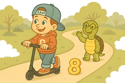 Sam und Tilda im Park mit der Zahl 8 - Symbol für Achtsamkeit (Achtsamkeit Kinder ADHS)